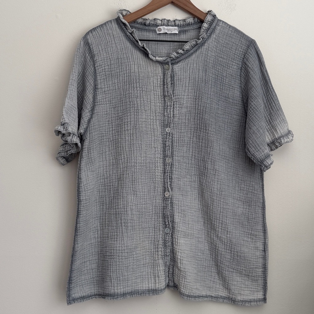 Cobblestone Living Gauze Short Sleeve Oversized Blouse ruffle Quiet Luxury L XL